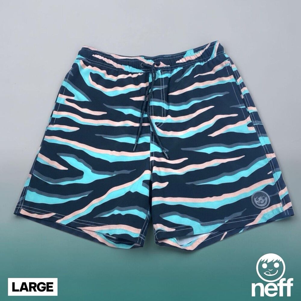 Neff Swim Trunks Mens Size LG Zebra Tropical Wave Board Shorts Unlined Pockets